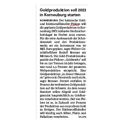 Goldproduktion soll 2023 in Korneuburg starten